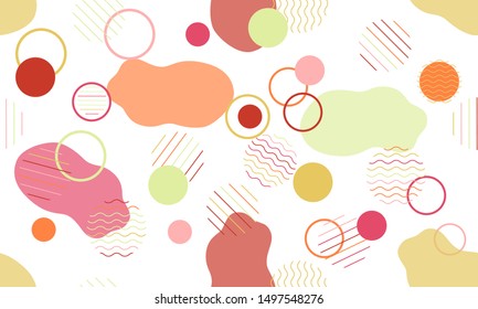 Geometric modern abstract background with liquid dynamic fluid shapes. Seamless vector colorful pattern with conceptual elements, circles, rounds, lines, stripes, waves.