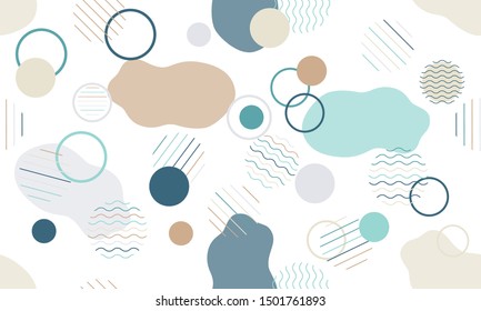 Geometric modern abstract background with liquid dynamic fluid shapes. Seamless vector colorful pattern with conceptual elements, circles, rounds, lines, stripes, waves.