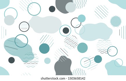 Geometric modern abstract background with liquid dynamic fluid shapes. Seamless vector colorful pattern with conceptual elements, circles, rounds, lines, stripes, waves.