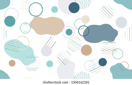 Geometric modern abstract background with liquid dynamic fluid shapes. Seamless vector colorful pattern with conceptual elements, circles, rounds, lines, stripes, waves.