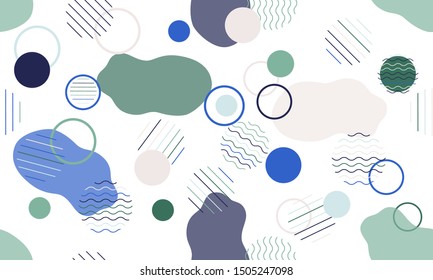 Geometric modern abstract background with liquid dynamic fluid shapes. Seamless vector colorful pattern with conceptual elements, circles, rounds, lines, stripes, waves.