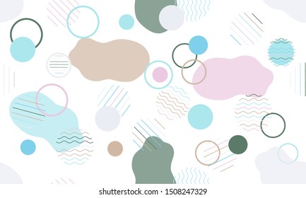 Geometric modern abstract background with liquid dynamic fluid shapes. Seamless vector colorful pattern with conceptual elements, circles, rounds, lines, stripes, waves.