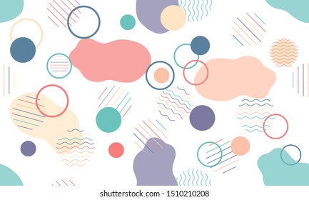 Geometric modern abstract background with liquid dynamic fluid shapes. Seamless vector colorful pattern with conceptual elements, circles, rounds, lines, stripes, waves.