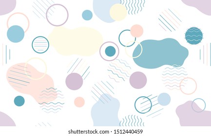 Geometric modern abstract background with liquid dynamic fluid shapes. Seamless vector colorful pattern with conceptual elements, circles, rounds, lines, stripes, waves.