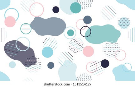 Geometric modern abstract background with liquid dynamic fluid shapes. Seamless vector colorful pattern with conceptual elements, circles, rounds, lines, stripes, waves.