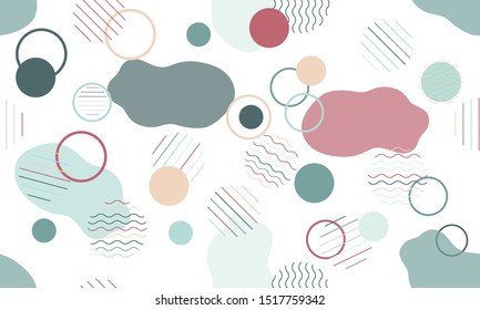 Geometric modern abstract background with liquid dynamic fluid shapes. Seamless vector colorful pattern with conceptual elements, circles, rounds, lines, stripes, waves.