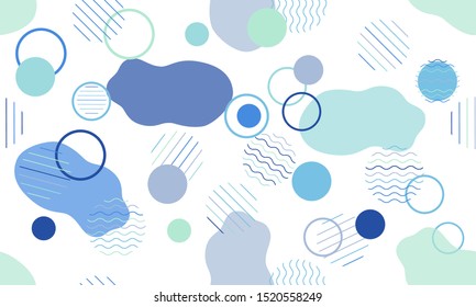 Geometric modern abstract background with liquid dynamic fluid shapes. Seamless vector colorful pattern with conceptual elements, circles, rounds, lines, stripes, waves.