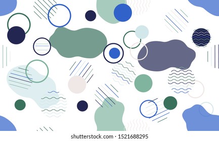 Geometric modern abstract background with liquid dynamic fluid shapes. Seamless vector colorful pattern with conceptual elements, circles, rounds, lines, stripes, waves.