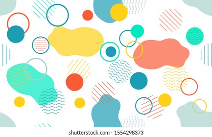 Geometric modern abstract background with liquid dynamic fluid shapes. Seamless vector colorful pattern with conceptual elements, circles, rounds, lines, stripes, waves.