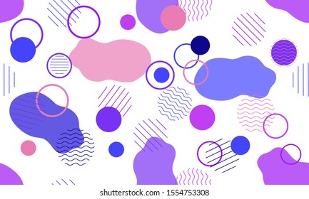 Geometric modern abstract background with liquid dynamic fluid shapes. Seamless vector colorful pattern with conceptual elements, circles, rounds, lines, stripes, waves.