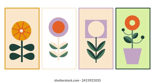 Geometric modern Abstract poster  flowers in flat style. Bauhaus