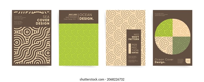 Geometric modern artwork asian minimalism template collection. Abstract vector japanese wavy lines. Cover template for poster, brochure, flyer, banner, background. Vintage beige brown sea ocean patter