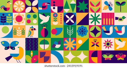 Geometric modern background. Abstract birds butterflies in flat minimalist style. Bauhaus. Seamless pattern