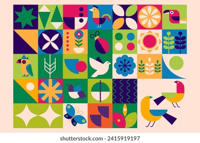 Geometric modern background. Abstract butterflies birds in flat minimalist style. Bauhaus. Seamless pattern