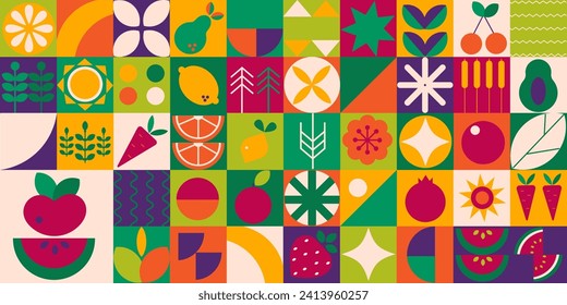 Geometric modern  background. Bauhaus. Abstract vegetables fruits minimalist style.  Seamless pattern