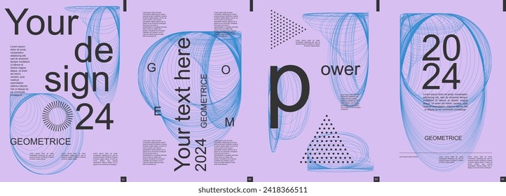Geometric modern banner with trendy minimalist typography design. Poster templates with abstract dynamic fractal lines in circles forms, triangle dots grids and text elements. Vector illustration.