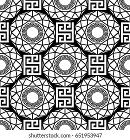 Geometric modern black white seamless pattern background wallpaper illustration with abstract shapes, figures, greek key, squares, lines, circles and vintage ornaments. Luxury vector isolated  texture