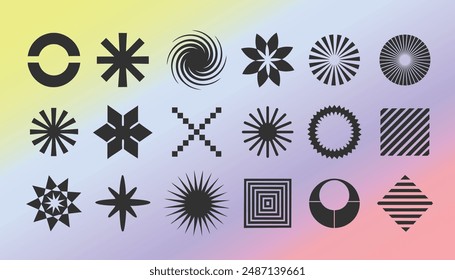 Geometric modern brutalist shapes with mesh gradient background. Abstract icons or symbols in y2k aesthetic. Modern minimalist elements swiss style, abstract bold primitive design.Vector illustration
