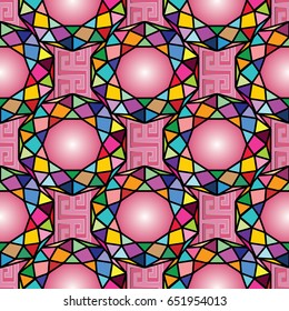 Geometric modern colorful seamless pattern background wallpaper illustration with abstract shapes, figures, greek key, squares, lines, circles and vintage ornaments. Luxury vector bright texture