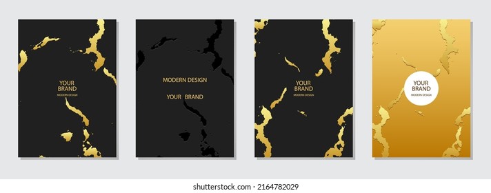 Diseño geométrico moderno de la cubierta. 3d patrón de formas abstractas en un fondo negro. Colección de plantillas verticales, textura de grunge dorado. Opción de diseño y decoración.