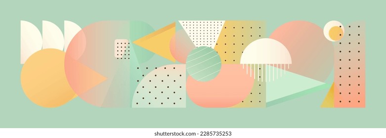 Geometric modern design artwork with vector triangles, circles and square shapes. Retro aesthetic bauhaus background graphic for web graphic, print, pattern, poster.