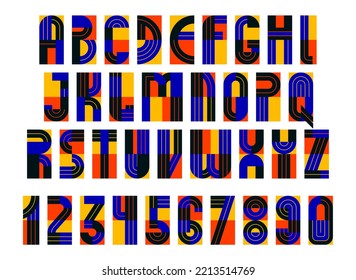 Police moderne géométrique création vectorielle, typographie géométrique ensemble de lettres alphabétiques comprenant des nombres, des lettres abstraites type.