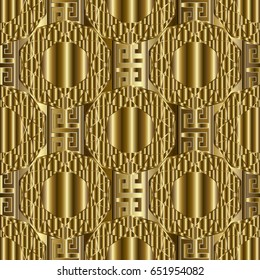 Geometric modern gold 3d seamless pattern background wallpaper illustration with greek key, squares,  shapes, figures, stripes, circles and vintage surface  ornaments. Luxury vector golden texture