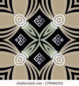 Patrón sin fisuras del vector griego moderno geométrico. Antecedentes abstractos ornamentales de estilo étnico. Ornamentos florales decorativos con rhombus, marcos, formas geométricas, llave griega, serpenteantes. flores.