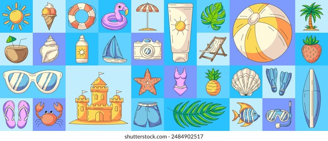 Geometric modern horizontal banner with summer beach colorful icons. Minimal abstract layout for poster, flyer, cover, brochure, party. Summer vector background, summertime fun concept