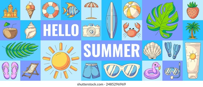 Geometric modern horizontal banner with summer beach colorful icons. Hello summer. Minimal abstract layout for poster, flyer, cover, brochure, party. Vector background, summertime fun concept