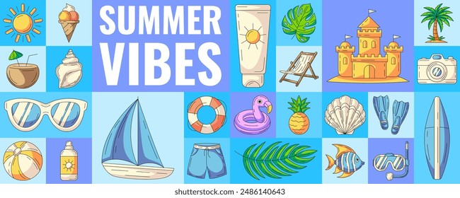 Geometric modern horizontal banner with summer beach colorful icons. Summer vibes. Minimalist abstract layout for poster, flyer, cover, brochure, party. Vector background, summertime fun concept