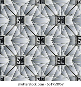 Geometric modern  light 3d seamless pattern background wallpaper illustration with abstract  shapes, figures, greek key, squares, lines, triangles, rhombus and elegant ornaments. Luxury vector texture
