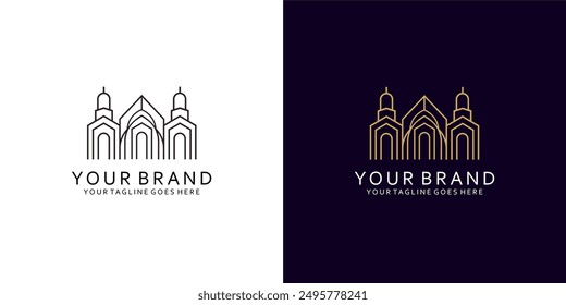 Ein geometrisches modernes Logo mit einer Visualisierung eines Wohnsitzes oder einer Stadt mit einem eleganten und luxuriösen Monoline-Stil