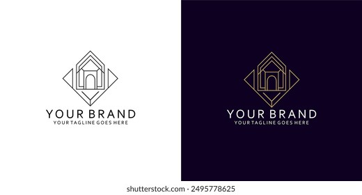 A geometric modern logo with a visualization of a residential or city with an elegant and luxurious monoline style