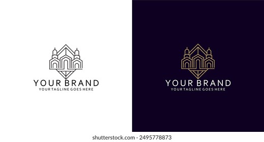 Un logotipo moderno geométrico con una visualización de un residencial o ciudad con un estilo monoline elegante y lujoso