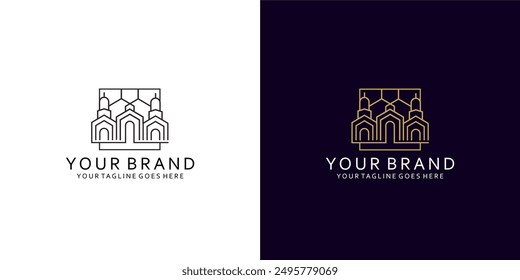 Un logotipo moderno geométrico con una visualización de un residencial o ciudad con un estilo monoline elegante y lujoso