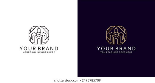 Ein geometrisches modernes Logo mit einer Visualisierung eines Wohnsitzes oder einer Stadt mit einem eleganten und luxuriösen Monoline-Stil