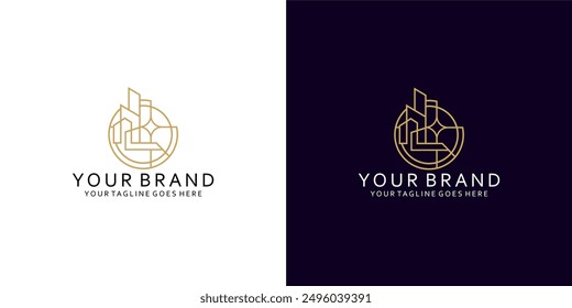 A geometric modern logo with a visualization of a residential or city with an elegant and luxurious monoline style