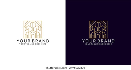 A geometric modern logo with a visualization of a residential or city with an elegant and luxurious monoline style