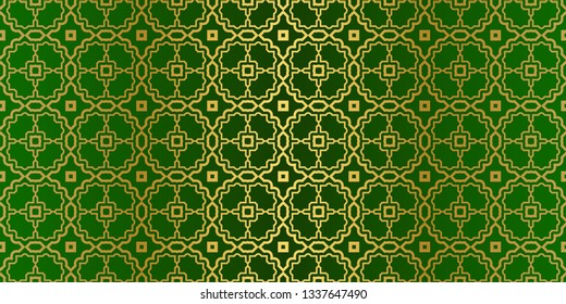 Geometric Modern Luxury Ornament. Seamless Vector Pattern. For Wallpaper, Invitation, Fashion Design. Green gold color.