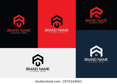 Logotipo geométrico moderno y minimalista de las iniciales, letra R U, R y combinación de hogar, R y combinación de icono de llave, icono de bienes raíces.