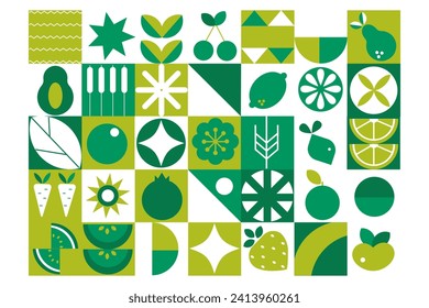 Geometric modern monochrome silhouette background. Bauhaus. Abstract vegetables fruits. Seamless pattern