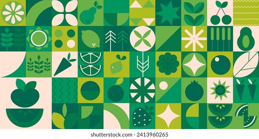 Geometric modern monochrome silhouette background. Bauhaus. Abstract vegetables fruits minimalist style. Seamless pattern