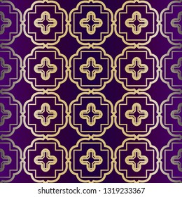 Geometric Modern Ornament. Seamless Vector Pattern. For Wallpaper, Invitation, Fashion Design. Purple gold color.