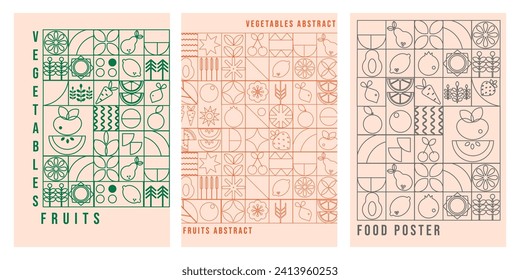 Afiche de contorno geométrico moderno. Bauhaus. Resumen de frutas vegetales naturales