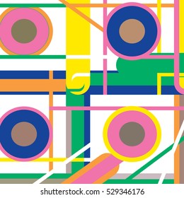 Geometric modern pattern with yellow, pink, white, blue, green, grau, brown and orange shapes arranged in a random order on a white background. Vector illustration.