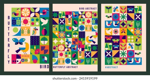 Geometric modern  poster. Abstract birds butterflies in flat minimalist style. Bauhaus. 