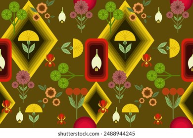 Geometric modern retro style design for fabric, clothing, embroidery, elements, ornaments, texture, textile, background, illustration, wallpaper, border decor, decoration, printing Ikat, sewing