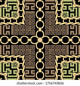 Geometric modern seamless pattern. Greek colorful beautiful background. Repeat ethnic plaid backdrop. Tartan ornaments. Abstract shapes, chains, knitted ropes, square frames, greek key meander, lines.