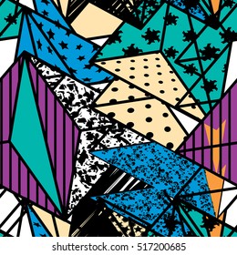 Geometric modern seamless pattern with lilac, white, yellow, orange, black and blue shapes arranged in a random order. Vector illustration.